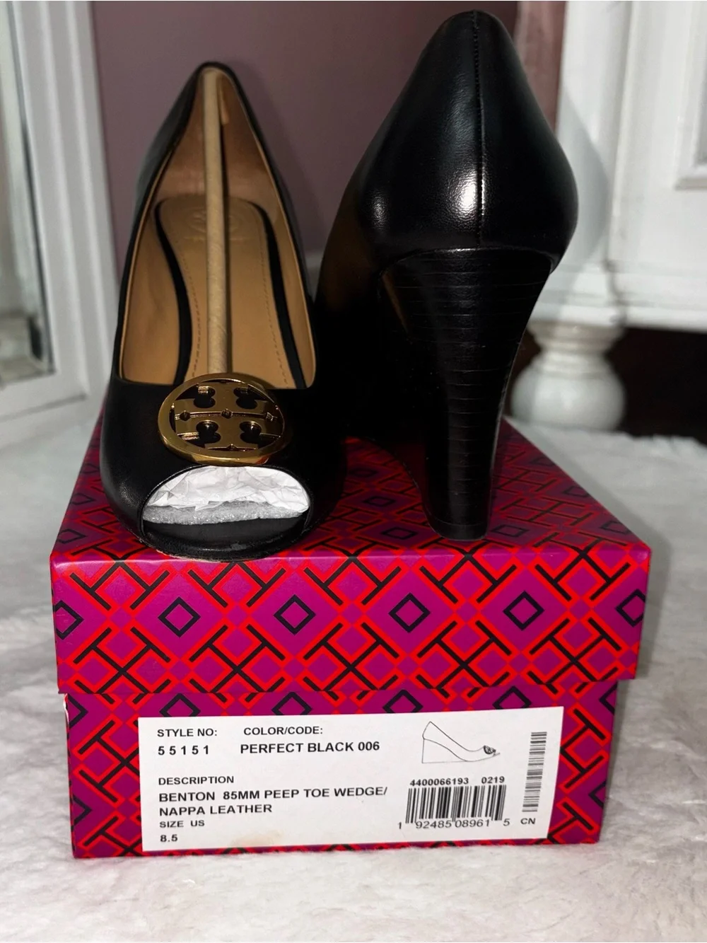 Tory Burch Black Leather Peep-Toe heels with Gold Logo Disc